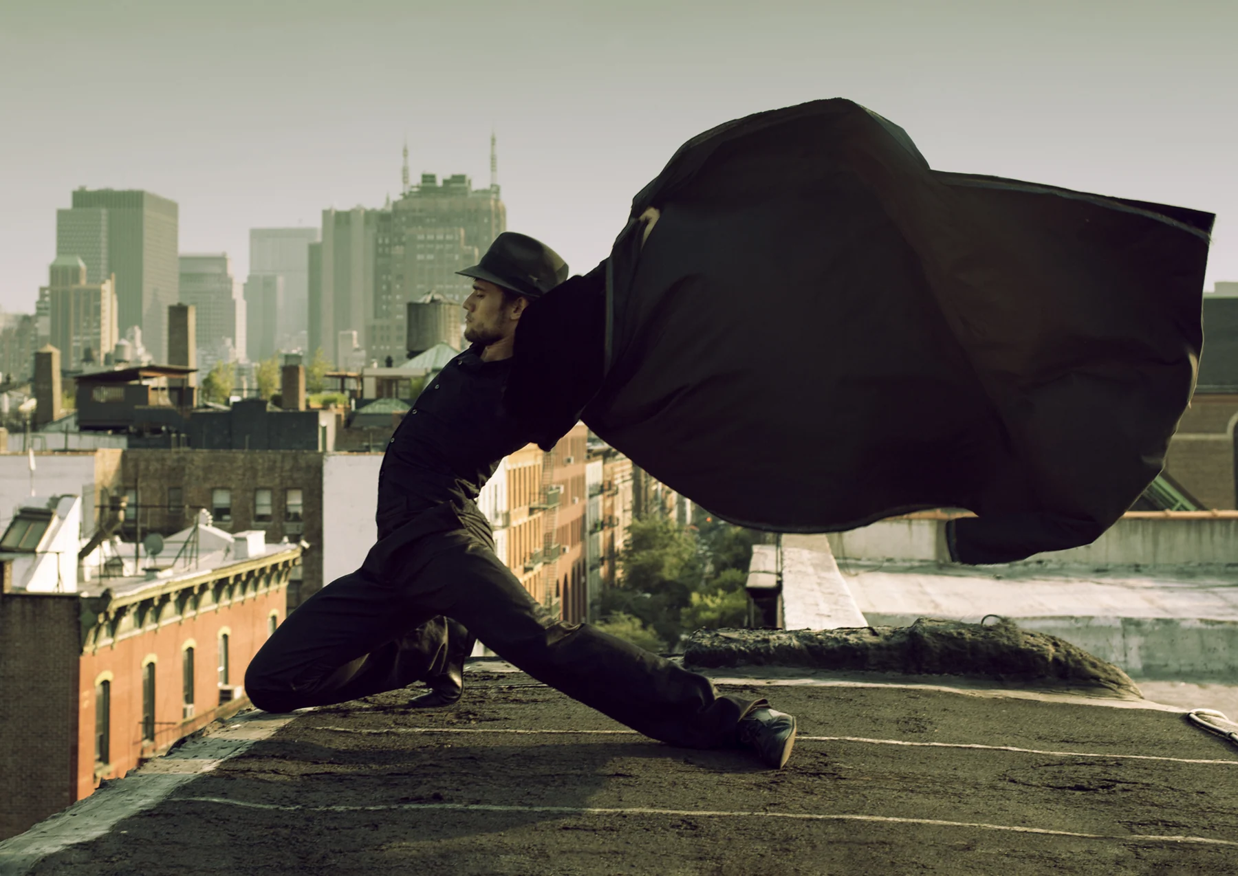 Flying coat on a rooftop
